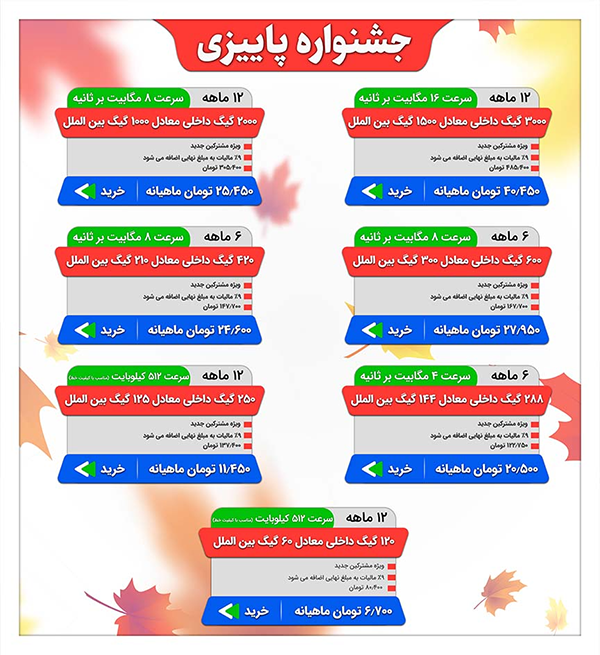 3000 گیگابایت اینترنت ADSL با سرعت 16 مگابیت ماهیانه 40 هزار تومان 3000 گیگابایت اینترنت ADSL با سرعت 16 مگابیت ماهیانه 40 هزار تومان